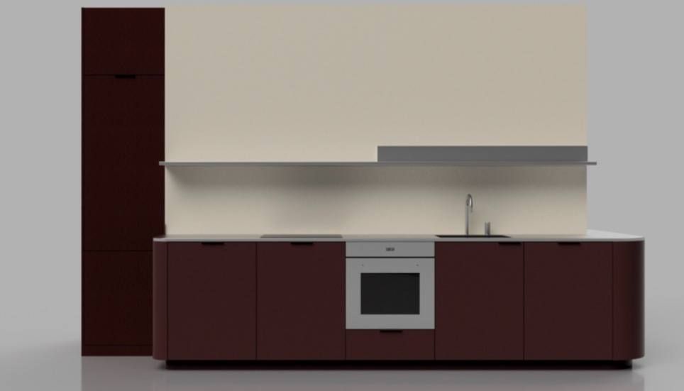 Compact kitchen with oxblood fronts and one continuous shelf